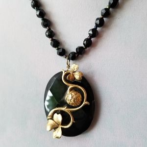 French Jet necklace upcycled beaded handmade black glass clover shamrock